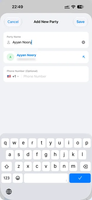 Add New Party screen with a contact suggestion