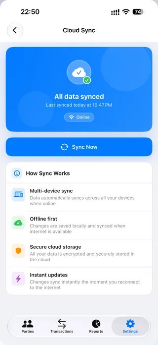 Cloud Sync screen confirming all data is synced